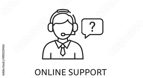 Line art illustration of a customer support representative with a question mark