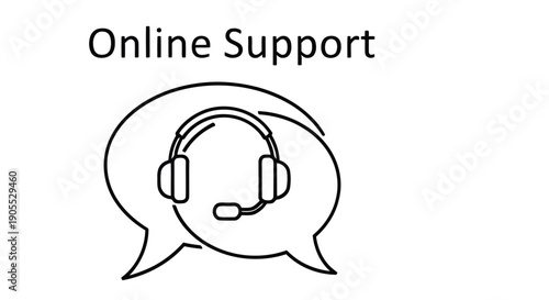 Simple line art illustration of a speech bubble with headphones and text