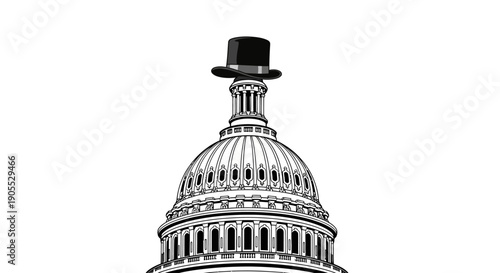Symbolic illustration of political power represented by a top hat atop a majestic government dome