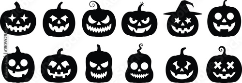 Halloween pumpkin silhouette set with spooky jack o lantern faces, scary carved pumpkins icons isolated on white background vector illustration