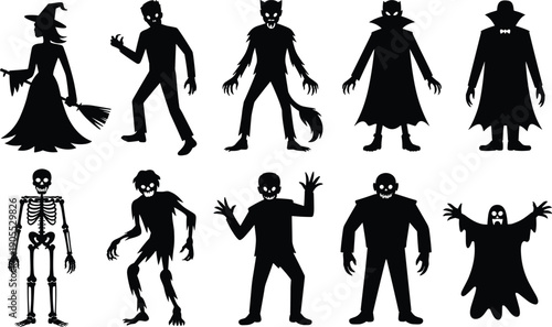 Halloween silhouettes, spooky vector, witch zombie vampire werewolf, skeleton ghost monster, horror icons, black white design, stock illustration, festive art