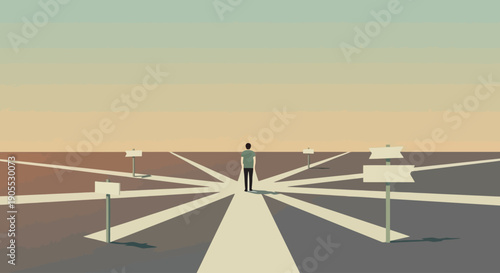 Man standing at crossroads with multiple directional signs