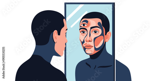 Man with bruised reflection in mirror