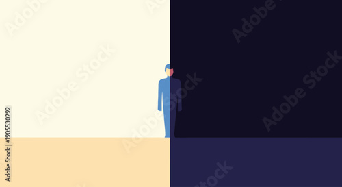 Man Standing at Crossroads between Light and Dark