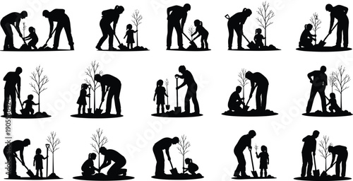 Parent and child planting trees silhouette set, family gardening activity, environmental care, nature conservation, teamwork, growth, education illustration concept collection