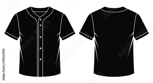 A black baseball jersey is displayed from both front and back views a stark silhouette high quality professional detailed modern elegant stylish