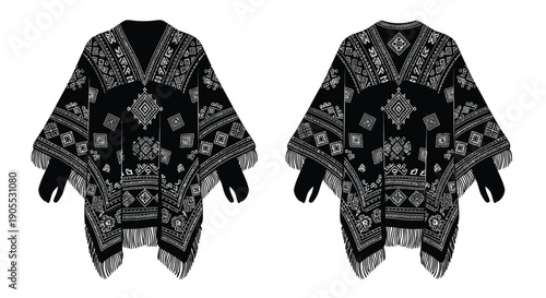 Two black and white patterned ponchos are displayed showcasing a detailed design and distinct silhouette high quality professional modern elegant stylish clean