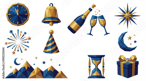 A collection of geometric, low-poly icons. These icons represent various celebratory and festive elements 