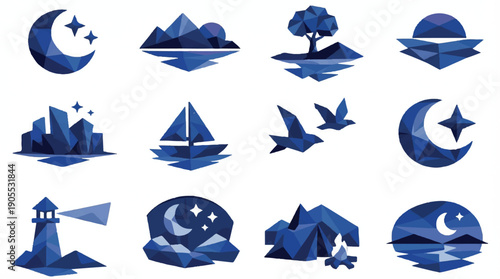 A collection of geometric, polygonal illustrations. These illustrations depict various natural and celestial elements. 