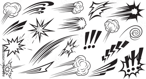 Vector comic book speed lines, motion effects, explosion bursts, and smoke puffs set in black and white, isolated on white
