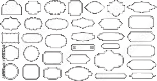 Vector set of vintage blank frames and labels with thin gray borders, various shapes for text or design elements, isolated on white