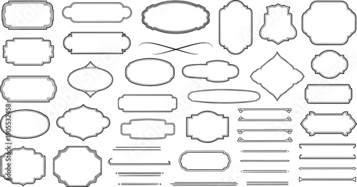 Vector vintage frames and labels set, black outline borders, decorative retro badges, elegant design elements isolated on white