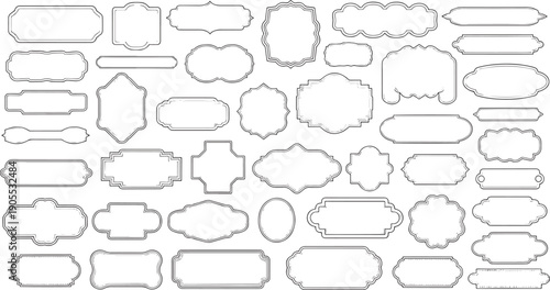 Vector set of vintage blank frames and labels with thin gray borders, various shapes for text, isolated on white