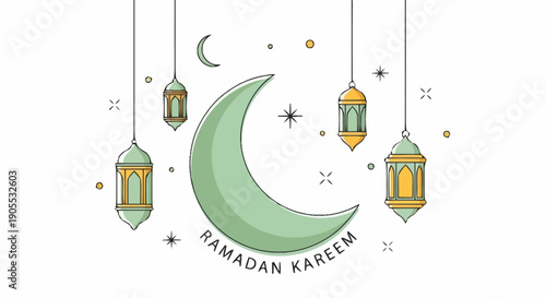 Eid Mubarak Lunar and Lantern Illustration with Greeting Text