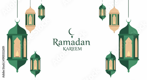 Ramadan Kareem Greeting with Lanterns and Crescent Moon