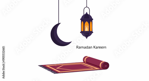 Ramadan Kareem Islamic Celebration with Lantern Crescent Moon and Quran