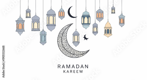 Ramadan Karem Celebration with Traditional Lanterns and Crescent Moon Illustration