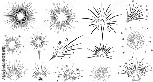 Vector black and white firework explosion burst set, comic book effect, starburst, sunburst, boom, isolated on white