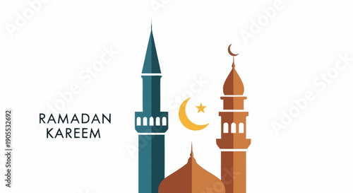 Ramadan Kareem Greeting with Mosque Silhouettes and Crescent Moon