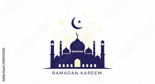 Ramadan Kareem Banner Featuring Silhouette of a Mosque with Crescent Moon and Stars
