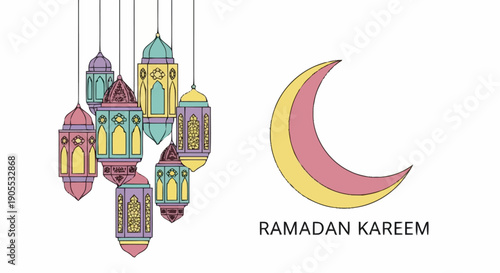 Elegant Ramadan Kareem Greeting with Lanterns and Crescent Moon