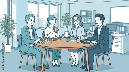 オフィスでランチを楽しむビジネスチーム 社内コミュニケーションのイラスト