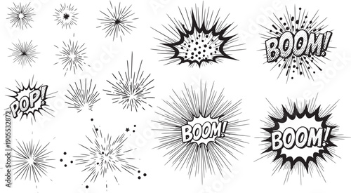Vector comic explosion burst elements set. Black and white pop art style boom, bang, pop, burst, and starburst effects, isolated on white