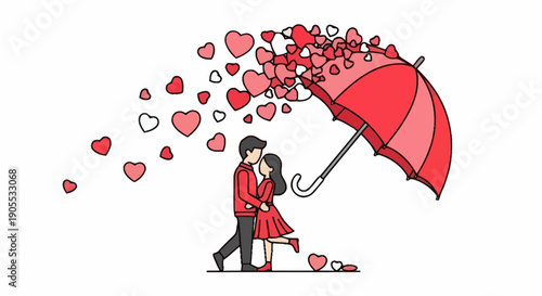 Romantic couple sharing love under umbrella with falling heart shaped confetti