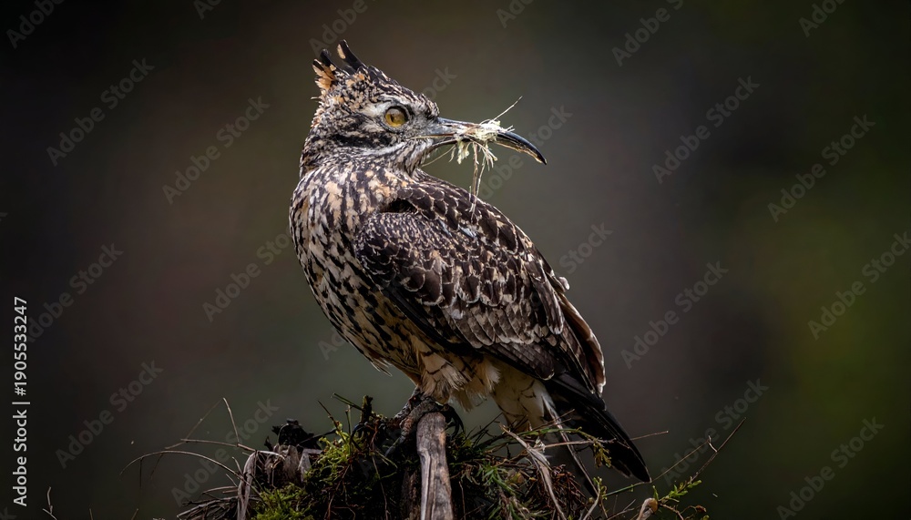Fototapeta premium Majestic brown-patterned owl perched, holding soft white feathers against a blurred natural background, staring fiercely ahead