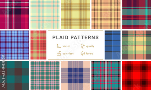 Plaid collection designed for party lifestyle products. The pack suits banners, cards, table decor, and wrapping. Seamless vectors feel continuous.
