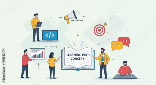 Team Collaborating on Learning Path Concept with Digital Devices and Infographics
