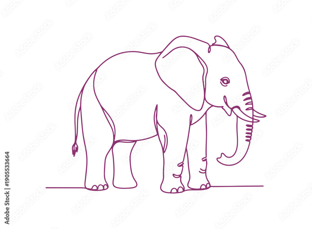Fototapeta premium Charming elephant depicted in a continuous line art style. A minimalist linear sketch set against a white background. Vector illustration.