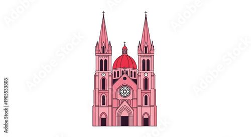 A vibrant pink illustration depicts a detailed cathedral facade showcasing ornate architecture and a striking silhouette high quality professional modern elegant stylish