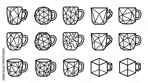 Collection of geometric coffee mug icons with a modern low-poly design, featuring various cup shapes in a minimalist black and white line art style for graphic design elements
