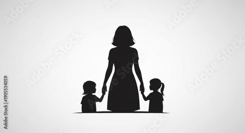 Mother Holding Hands with Children Silhouette on White Background