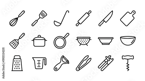 Large set of black kitchen utensil icons showing various cooking and baking tools in a simple, minimalist line art style for culinary themes and graphic design elements