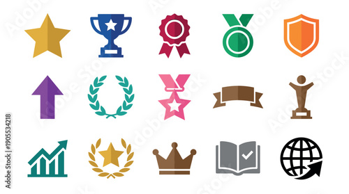 Colorful collection of flat design icons representing achievement, success, and victory with symbols like trophies, medals, stars, and crowns for business or educational concepts