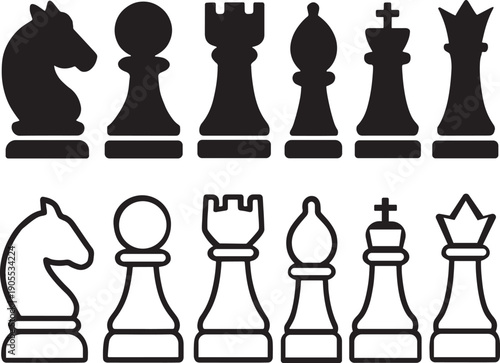 Chess Pieces Silhouette and Outline Vector Set Strategy Board Game Icon Collection