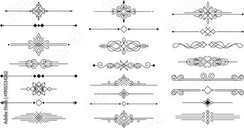 Vector black ornate divider lines and text separators set, vintage calligraphic page decorations, isolated on white