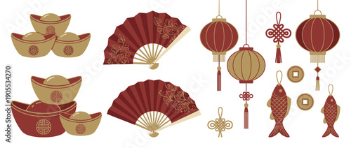 Set of Chinese New Year decorative elements with yuanbao gold ingots, paper lanterns, folding fans, mystic knots, and fish ornaments in a flat vector illustration style