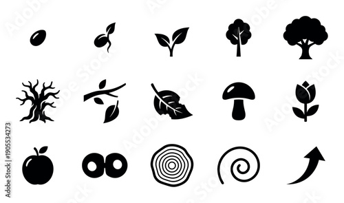 Set of black nature and growth icons showing the life cycle of a plant from seed to tree, including a mushroom, flower, apple, and abstract symbols for progress