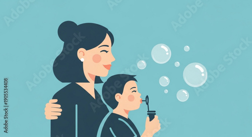 Mother and Son Blowing Bubbles Together on Blue Background