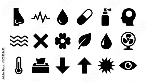 Set of black solid glyph icons for allergy and hay fever, illustrating various symptoms, causes, and treatments like nasal spray, pills, tissues, and thermometer