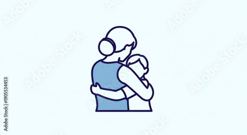 Mother Holding Baby, Simple Line Art, Isolated on White Background