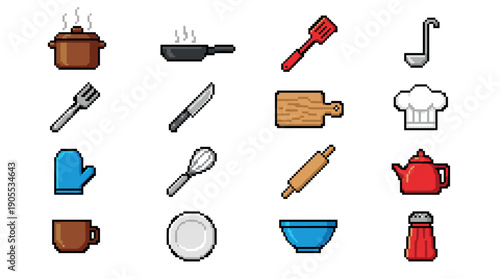 Collection of pixel art kitchen icons featuring a pot, pan, spatula, and other cooking utensils in a colorful 8-bit retro video game style for culinary design elements