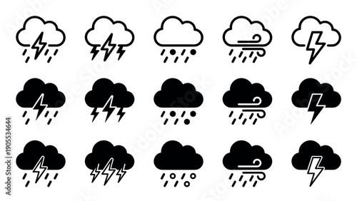 Set of black weather icons showing thunderstorms, rain, wind, and lightning in various styles including line art and solid glyphs for a meteorological forecast interface