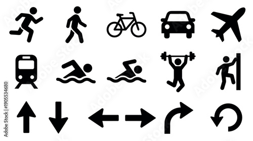 Collection of black silhouette icons representing transportation, sports activities, and directional arrows for navigation and user interface design in a flat graphic style