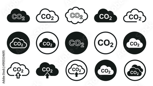 Set of black carbon dioxide icons in various flat and outline styles, featuring cloud and circle shapes with upward arrows to symbolize gas emissions and environmental pollution