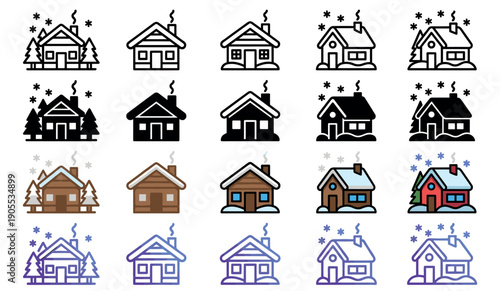 Large collection of winter house icons in various styles including line art, glyph, color, and gradient designs with snow, trees, and smoke from a cozy chimney
