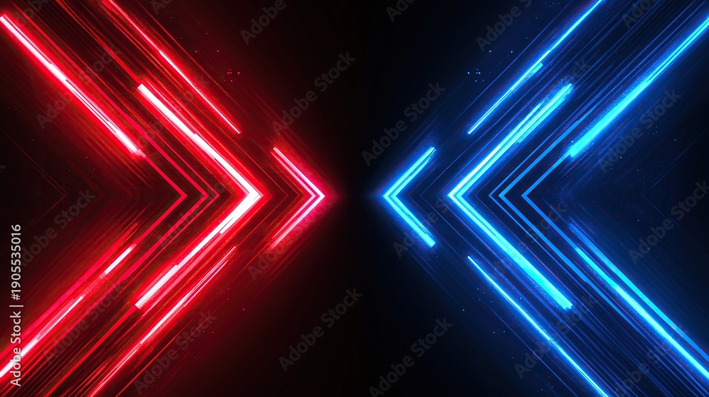 Fototapeta premium Red and blue glowing arrow lines on a dark background, a technology concept for a business or sports competition background